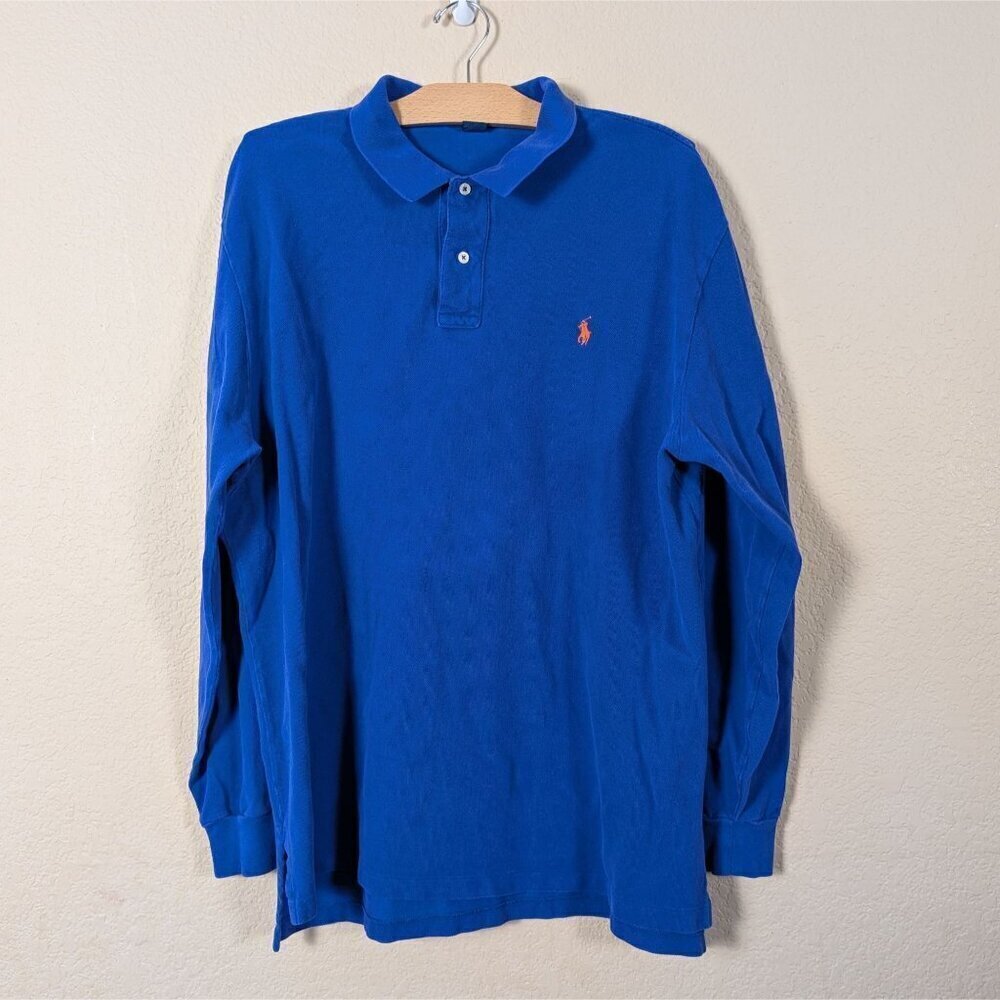 Vintage 90s Y2k Polo Ralph Lauren Long Sleeve Polo Blue Orange Pony 2XL Preppy